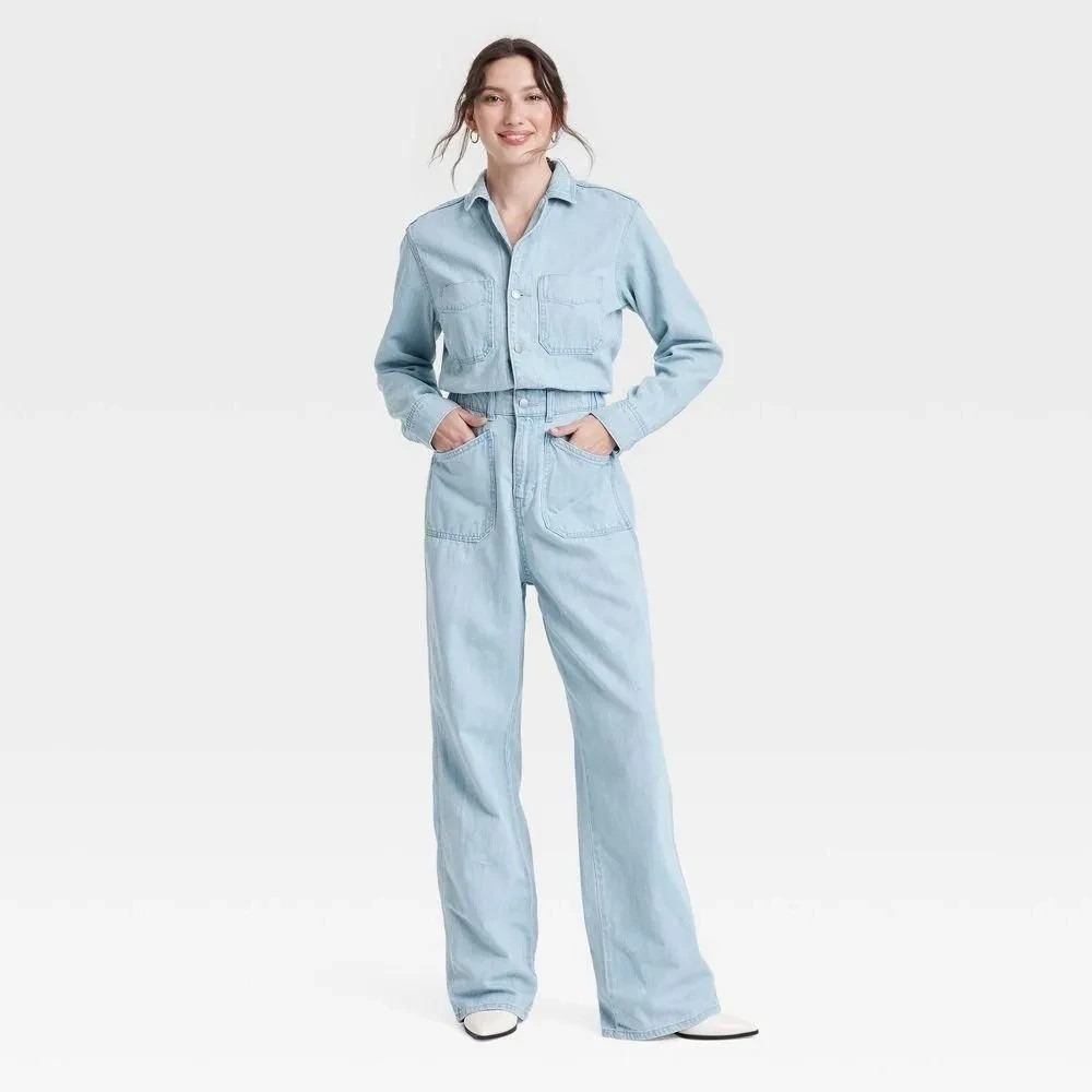 A-13 Women's Denim Baggy Jumpsuit - Universal Thread Light Wash 10 - Small Stain